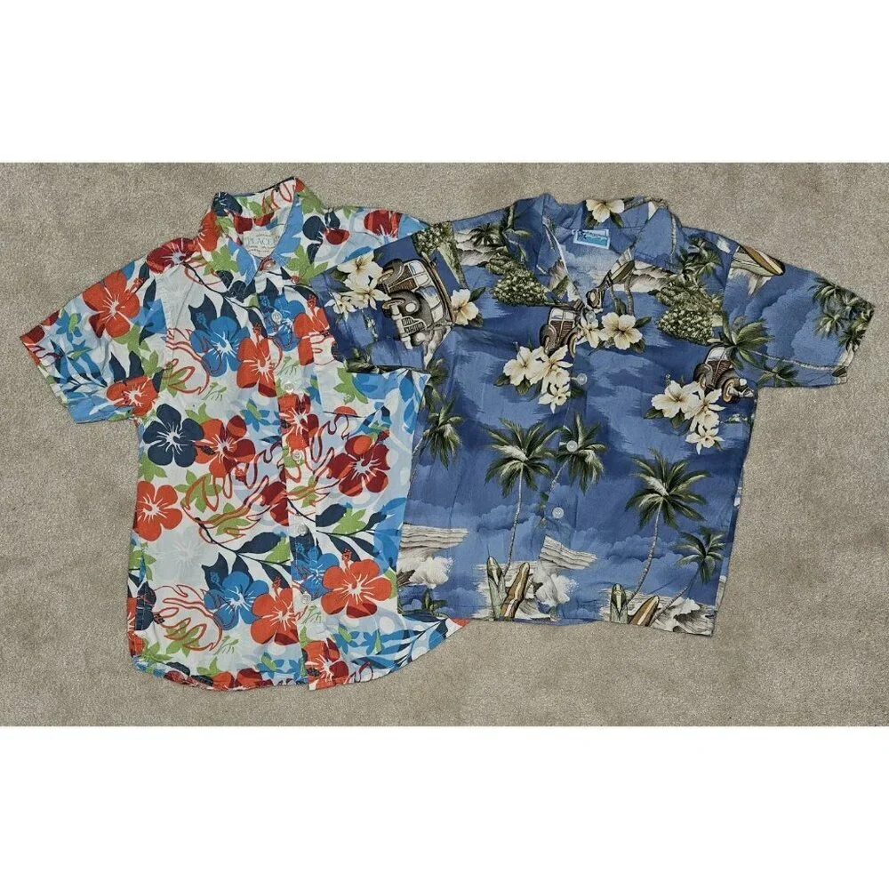 2 Floral Tropical Print Boys Button Front Shirts Size 5/6 7 Vacation Lot READ